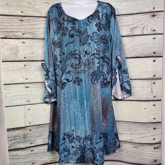Lily by Firmiana Blue Paisley Tunic Dress Size XXL Ruffle Sleeve Boho - Picture 1 of 7